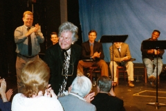 Jim Morgan (left) and June Bingham (book) at an early York Theatre reading of Asylum